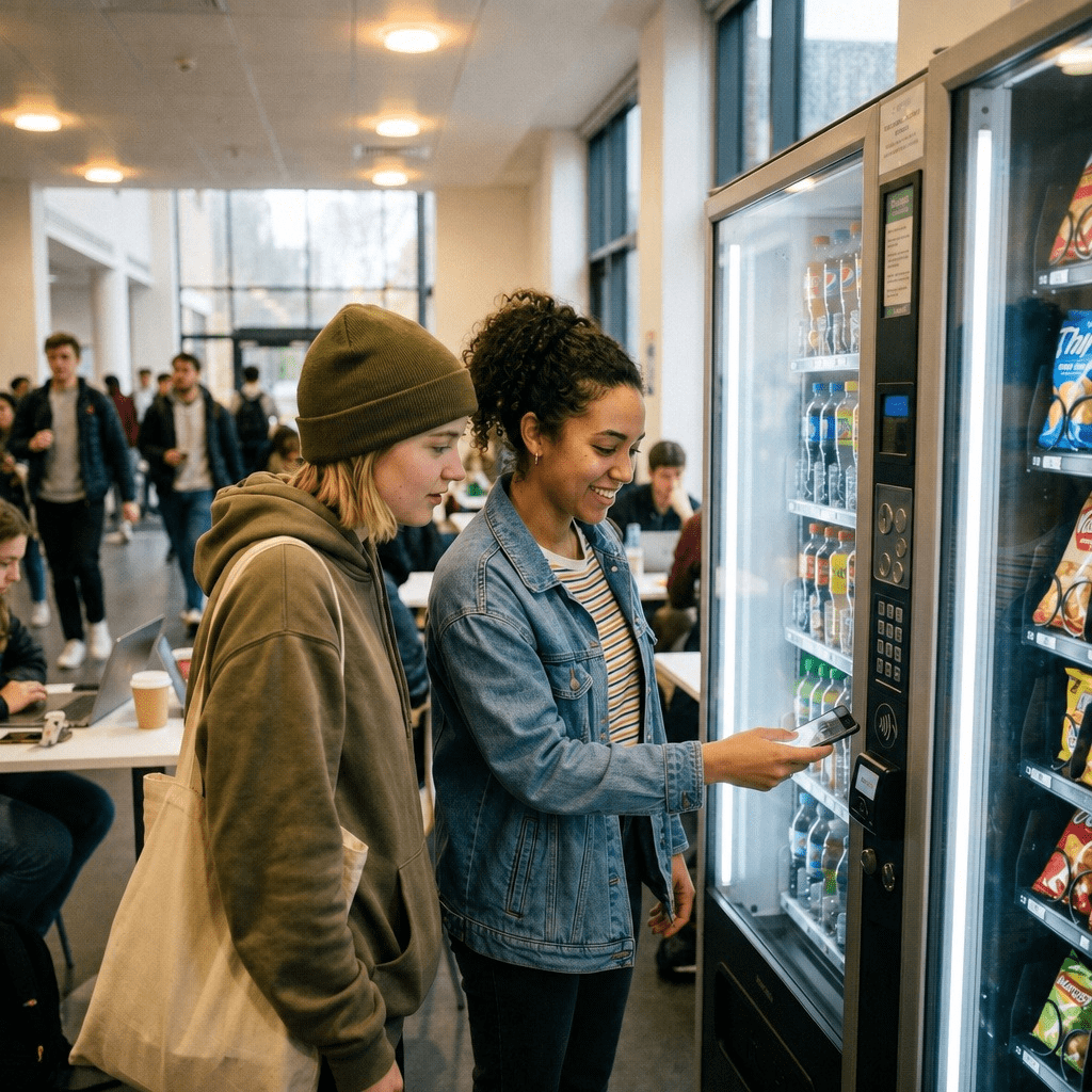 Two Students Using a Vending Machine in a Campus Lounge