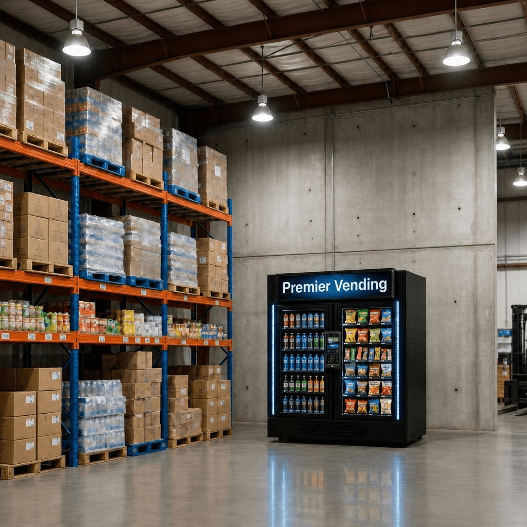 Snack and Drink Vending Machine in a Warehouse