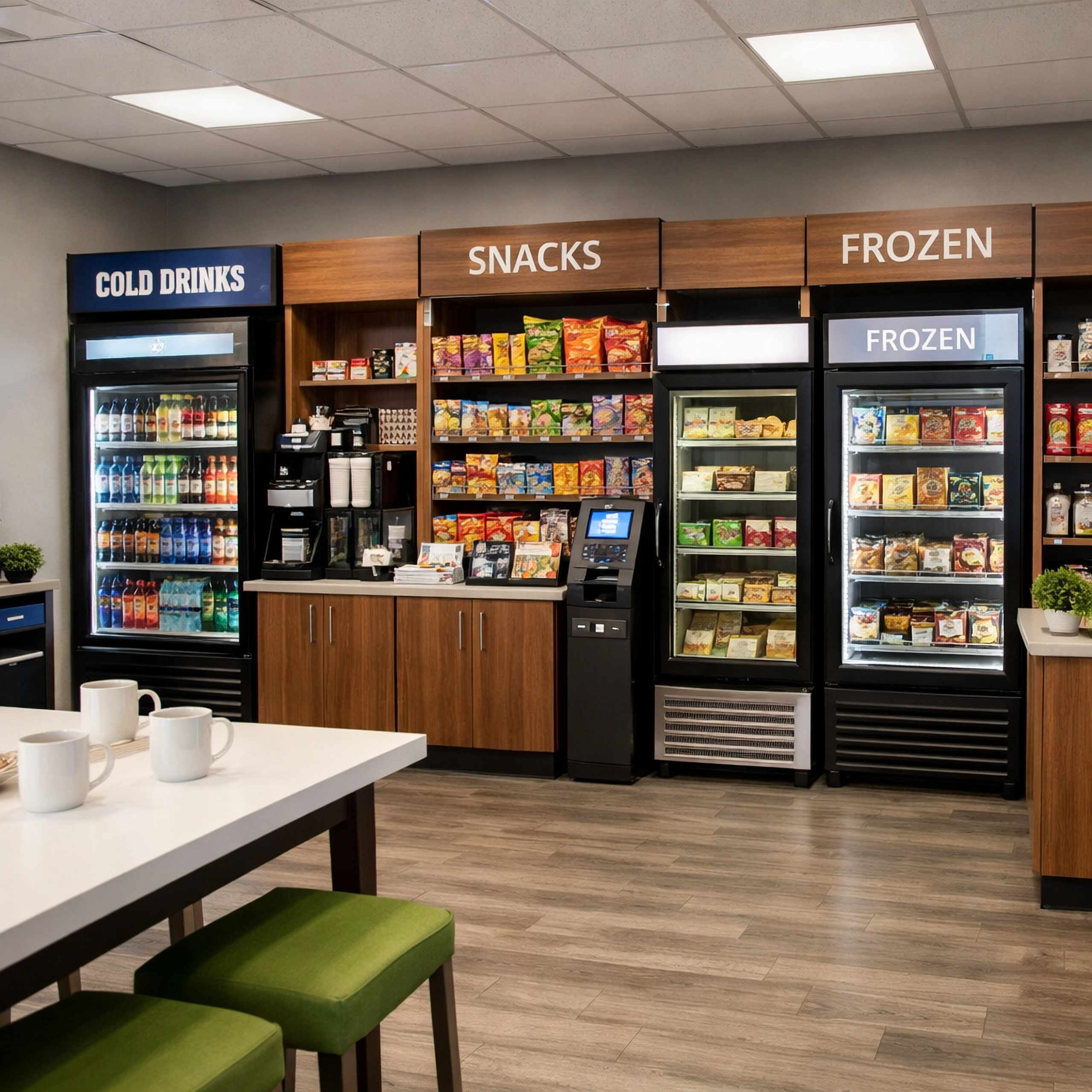 Office Break Room with Drinks, Snacks, and Frozen Foods